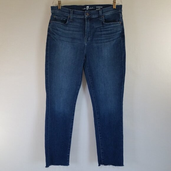 7 For All Mankind Roxanne Ankle Jeans SZ 32 Stretch 34x27 Skinny Distressed Hem - Picture 1 of 15